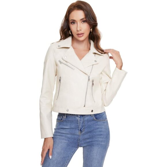 Fahsyee Women's Faux Leather white Jackets, Zip Up Outwear and Short Jackets - Picture 2 of 7